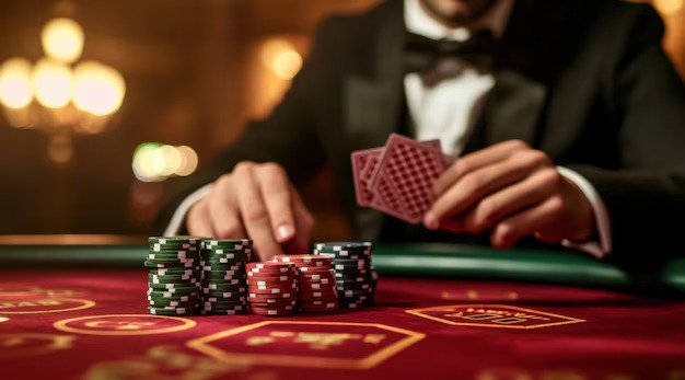 gg999 live dealer in professional casino studio, dealing baccarat cards